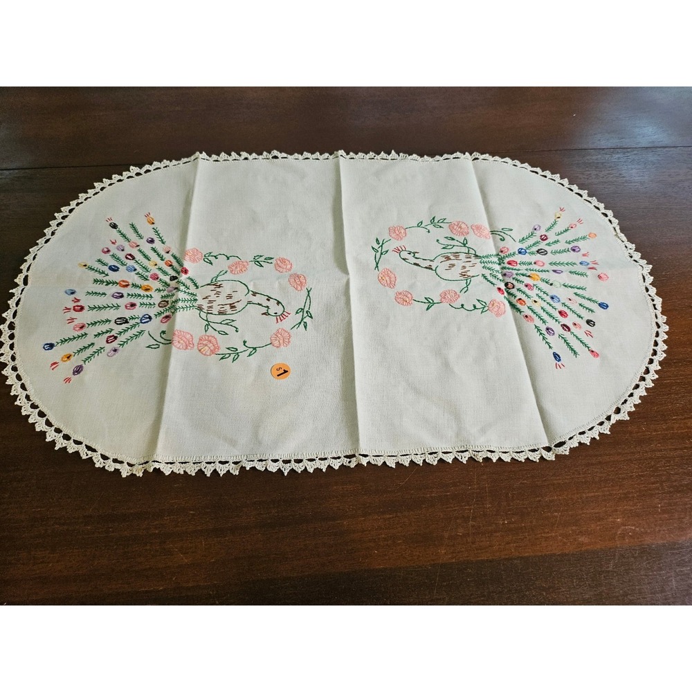 Hand Embroidered Table Runner White Peacock Floral Lace Trim
